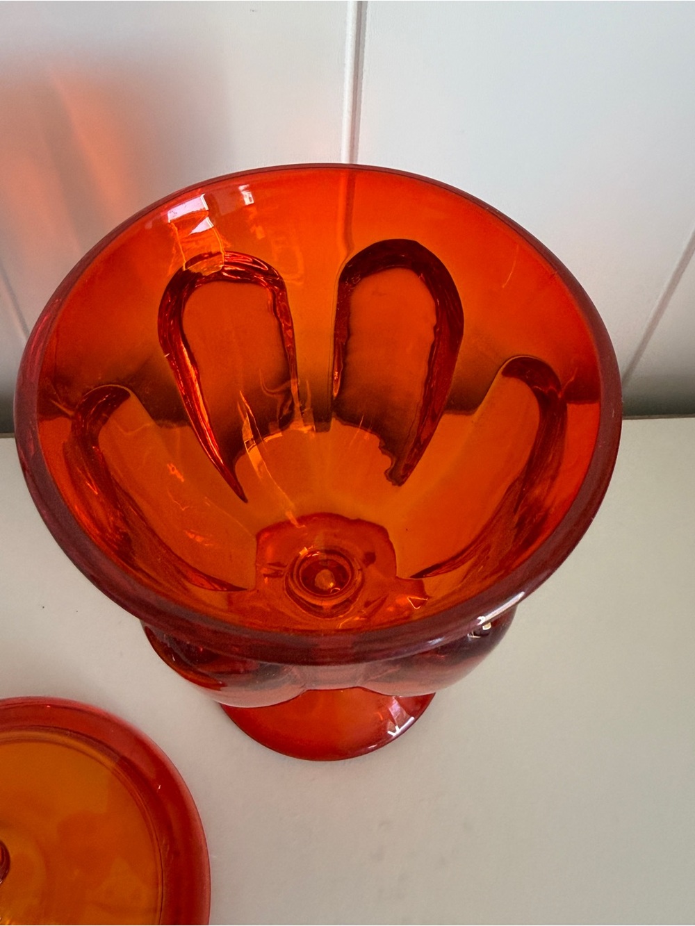 Vintage Viking Glass Epic Six Petal Covered Candy Dish Persimmon Orange UV Glow - Picture 8 of 9